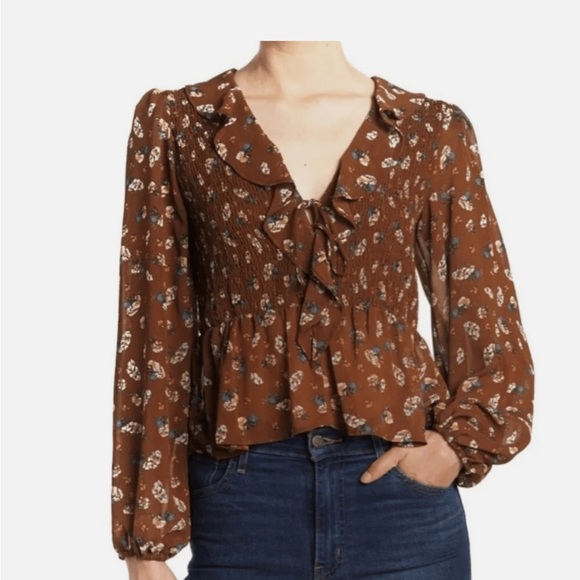 Astr Tops - Astr Floral Ruffle Brown Blouse